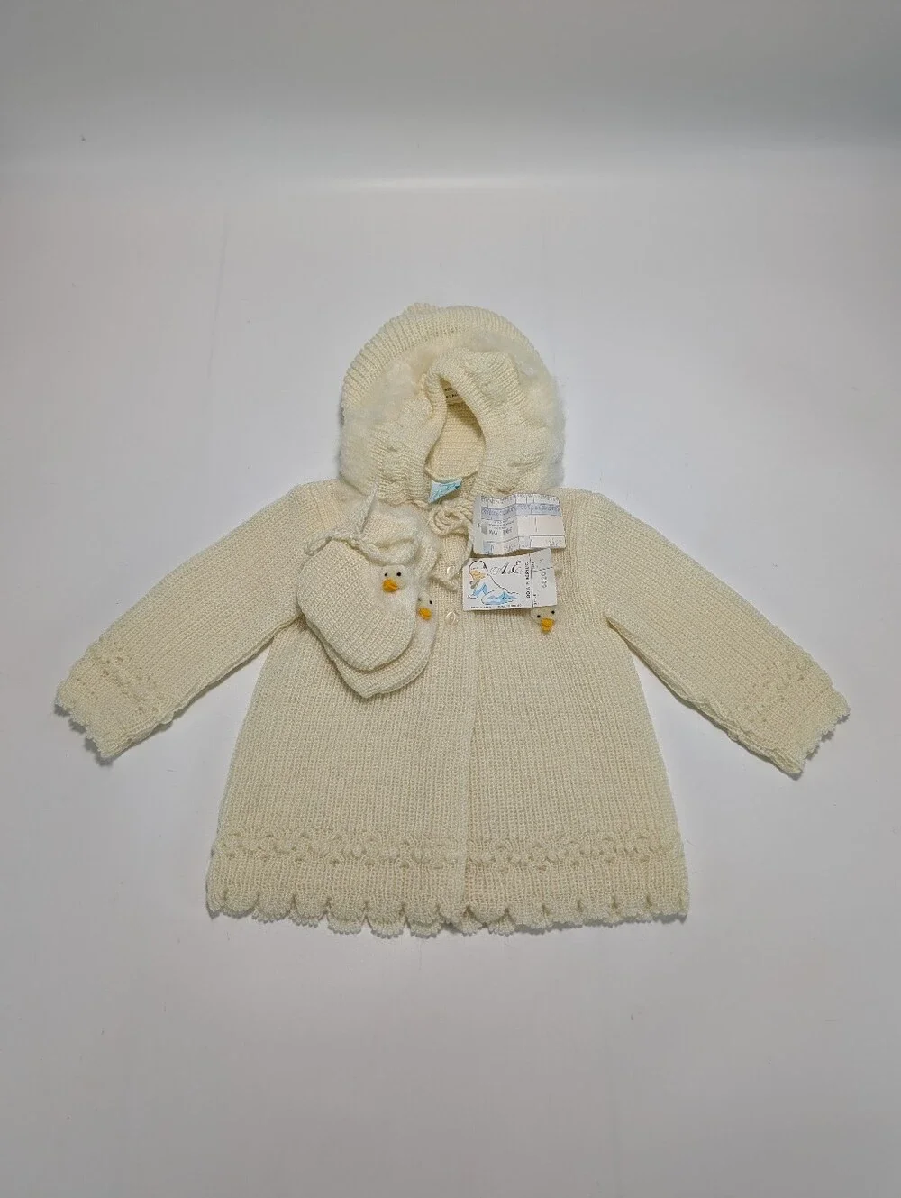 Vintage All-Mine Cream-Colored Knit Hooded Baby Coat & Booties with Duck Accents